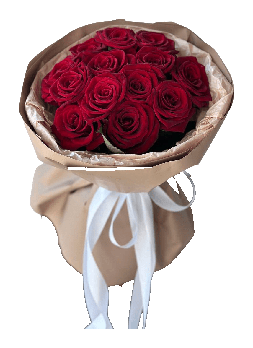 Quinze roses rouges dans un papier kraft