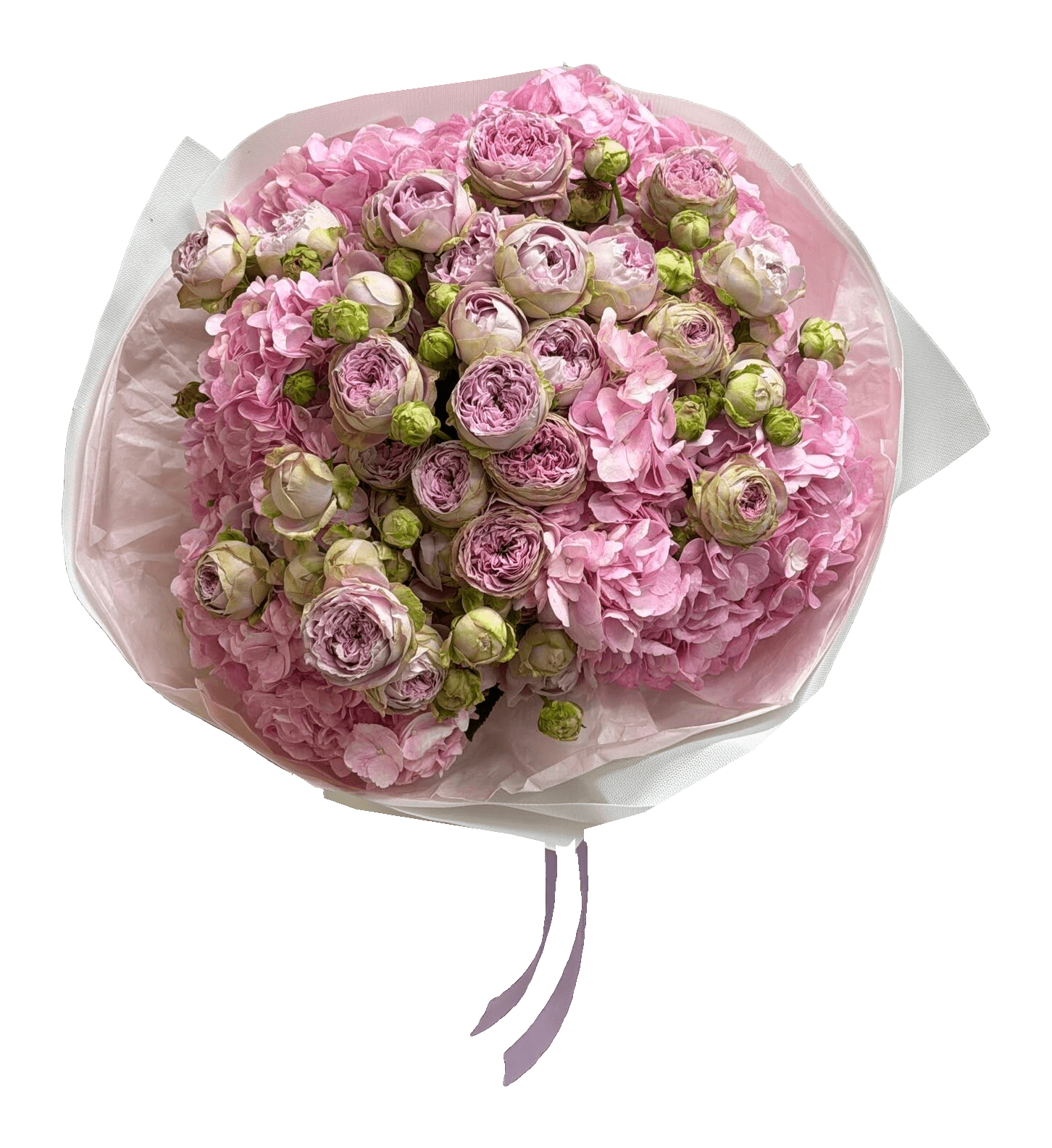 Bouquet généreux d’hortensias roses et de roses branchues lilas